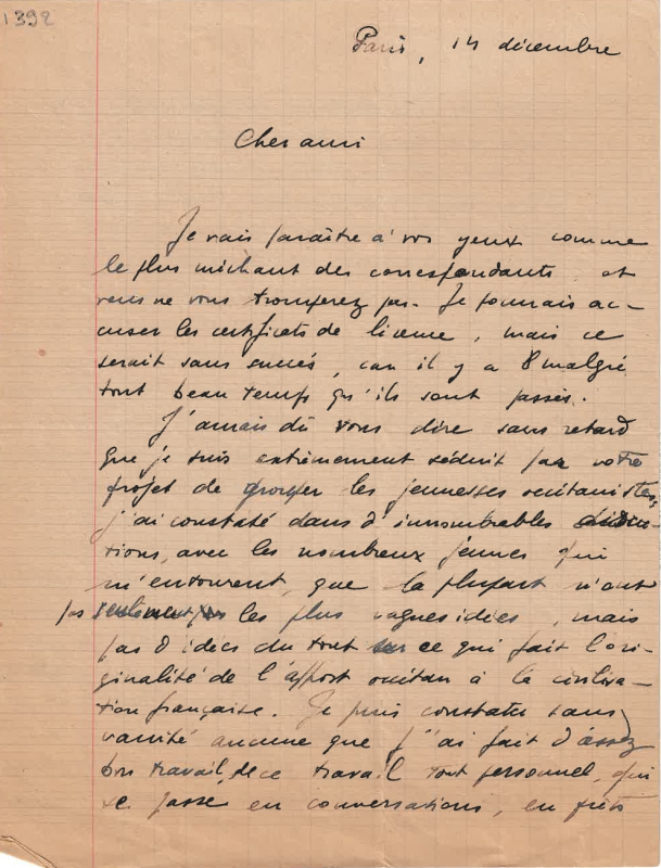Cette lettre, dont l’année n’est pas précisée, est à l’évidence la première reçue par Lafont et date de la fin 1945.