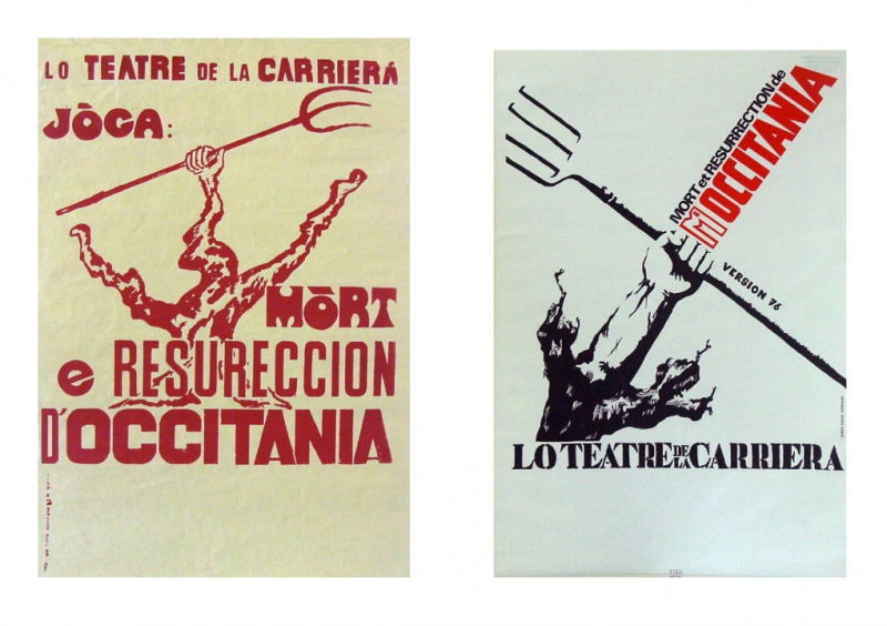 Deux affiches différentes pour Mort et résurrection de M. Occitania, la deuxième étant celle d’une reprise en 1976. Tous droits réservés - Collection CIRDOC-Institut occitan de cultura, IA. 