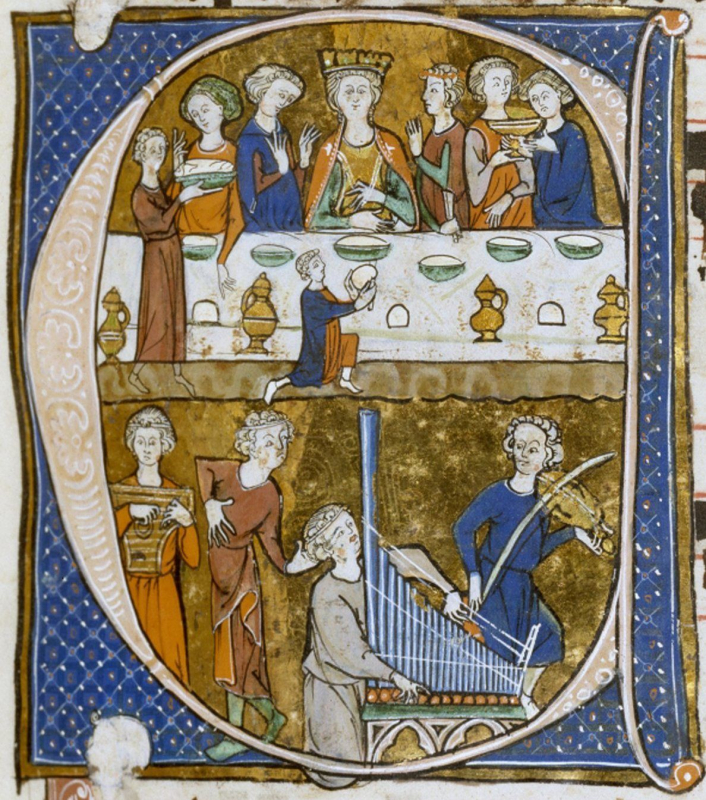 Initiale historiée C avec banquet et musiciens. Antiphonaire de l&apos;abbesse de Sainte-Marie de Beaupré, c.1280/90. Enluminure sur parchemin, 48,1 x 34,6 cm (feuillet), Baltimore, The Walters Art Museum, don de la Fondation William R. Hearst, 1957.