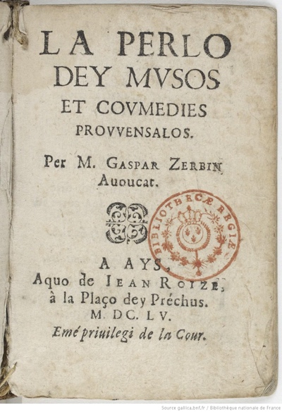 Première de couverture de La Perlo dey Musos, 1655 (source Gallica)