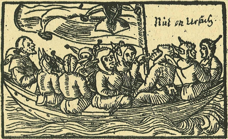 La Stultifera Navis en route pour le Pays des Fous. Gravure sur bois de 1549. Domaine public.