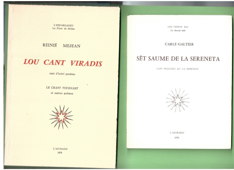 Couvertures des recueils, publiés par l’astrado, de Reinié Mejean, Lou Cant viradis et Carles Galtier, Sèt saume de la sereneta.