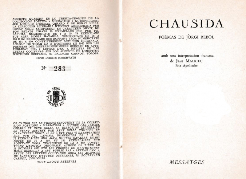 Pages de garde du recueil Chausida