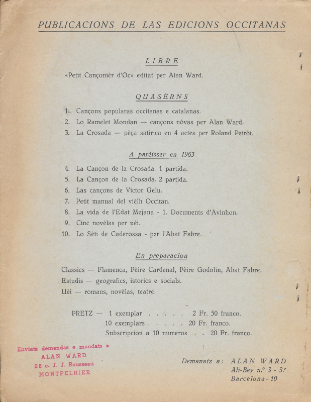 Quatrième de couverture du livre Lo Ramelet Mondan d’Alan Ward (edicions occitanas, 1963) où apparaissent les différents projets d’édition de Ward.