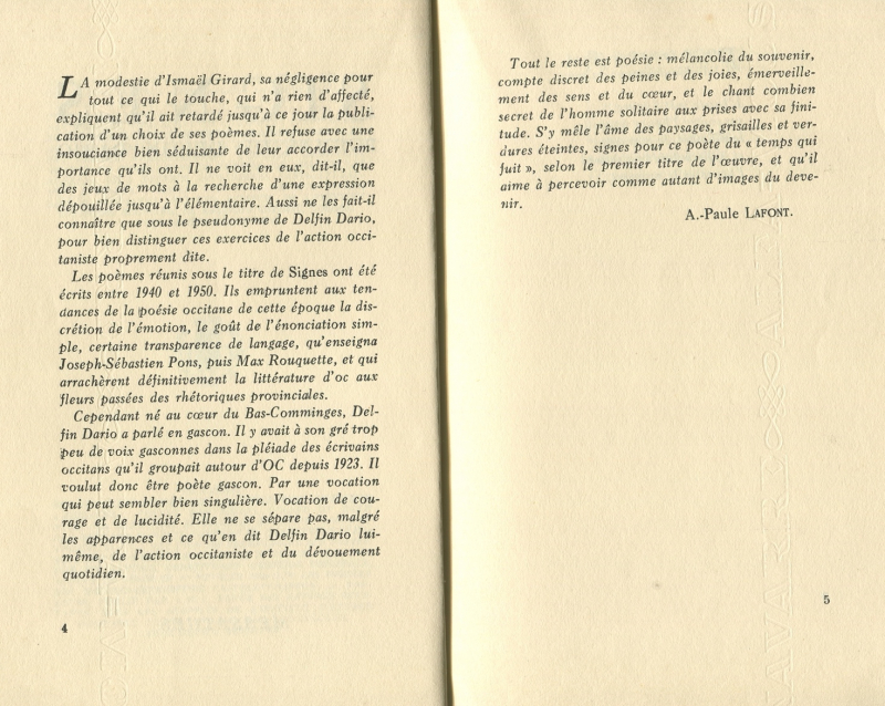 Pages signées d’Andrée-Paule Lafont placées en tête du recueil de Delfin Dario